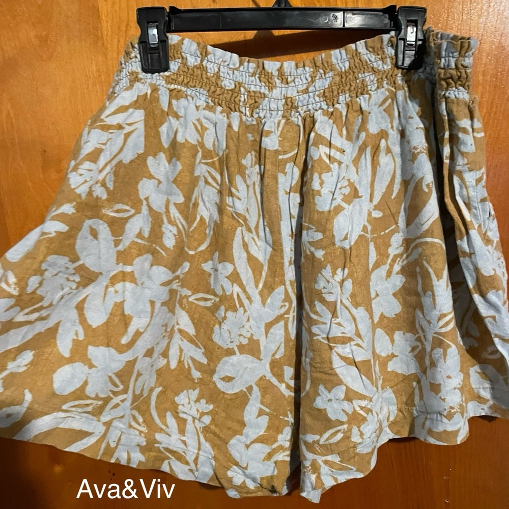 Tan and blue floral linen shorts